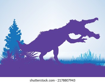 Baryonyx  , Dinosaurs silhouettes in prehistoric environment overlapping layers  decorative background banner abstract vector illustration