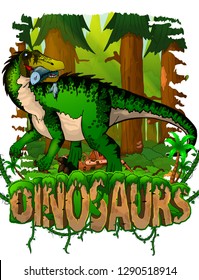 Baryonyx on the background of the forest. Vector logo. Dinosaur world