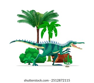 Baryonyx prähistorischen Dinosaurier Charakter in einem üppigen tropischen Wald natürlichen Lebensraum mit Palmen, Baumstamm, Farn und Strauch. Isolierte Karikatur Vektor alte Fleisch fressende Reptilien Tier der frühen Kreidezeit