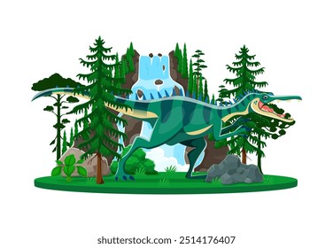 Personaje de dinosaurio prehistórico bariónico en un entorno de bosque exuberante con una cascada y rocas. Vector de dibujos animados reptil carnívoro antiguo animal de la era del Cretácico temprano en su hábitat natural