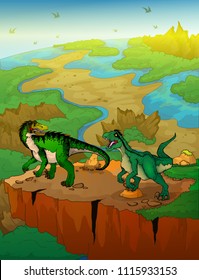 Baryonyx and raptor with landscape background. Vector illustration.
