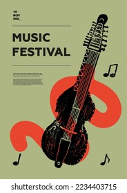 Baryton, guitar. Music festival poster. String musical instruments. Competition.  A set of vector illustrations. Minimalistic design. Banner, flyer, cover, print.