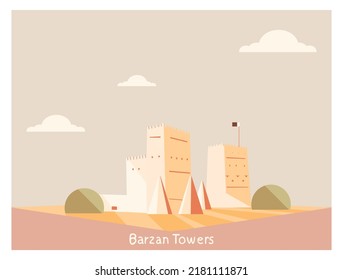 Barzan Tower or Umm Salal Mohammed Fort Towers, are watchtowers built near the sea in the municipality of Umm Salal.Qatar.Vector landmark for Qatar Map