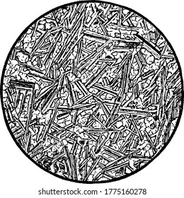 Basalt, showing typical diabasic structure of lath-shaped crystals of plagioclase, vintage line drawing or engraving illustration.