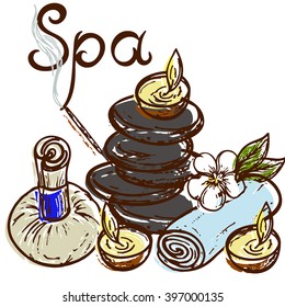 basalt stone, essential oils, herbal pouches, lavender flowers, incense sticks, Thai massage, spa inscription