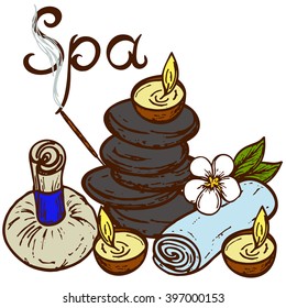 basalt stone, essential oils, herbal pouches, lavender flowers, incense sticks, Thai massage, spa inscription