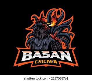 Basan Chicken Mascot Logo Design. Mythical Fire Breathing Chicken Vector Illustration