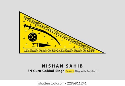 Basanti Flag of Guru Gobind Singh Ji, Sikhism Nishan Sahib, Sikh Flag, Khalsa Flag with emblems, isolated, white background, Latest Sikh Vector, Punjabi, Punjab, use as sticker for your vehicles. 