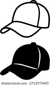 Ilustración de gorra de béisbol, versiones en blanco y negro, contorno y silueta
