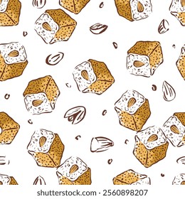 Basbousa Arabic Sweet Vector Seamless Pattern