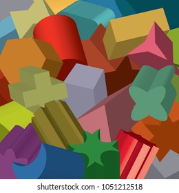 Base 3D geometrical shapes mixed together, creating varied, floating in space like pattern, in vivid colors