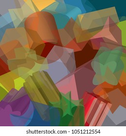 Base 3D geometrical shapes overlapping, creating varied, floating space like pattern, in vibrant colors