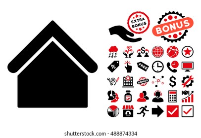 Base Building icon with bonus pictograph collection. Vector illustration style is flat iconic bicolor symbols, intensive red and black colors, white background.