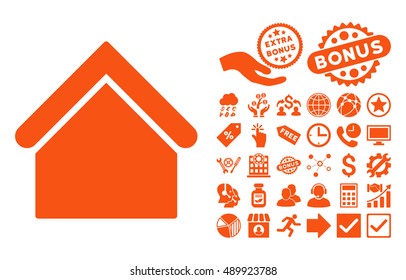 Base Building pictograph with bonus elements. Vector illustration style is flat iconic symbols, orange color, white background.