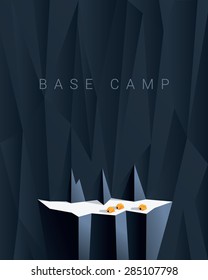 Base camp mountain expedition background. Low polygonal illustration with yellow tents. Can be used as business template for projects. Eps10 vector illustration.