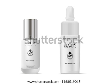 Base corrector and nail polish cosmetic bottle highligter dropper set. Vector illusrtation for commercial and branding.