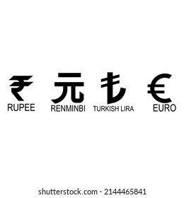 Base currency icon symbol sign, vector illustration of Rupee, Renmimbi, Lira and Euro currencies in black and white color. Simple and isolated style on a blank background.