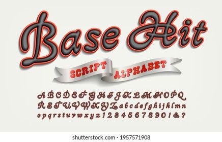 Base Hit; A sport style script similar to embroidered lettering styles for caps, jerseys, hoodies, etc. A cursive logo style for baseball, football, etc.