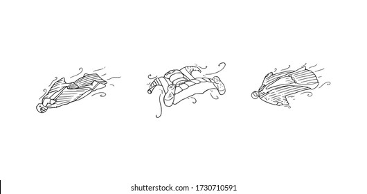 Base jumpers in the sky flying and doing crazy extreme stunts, hand drawn outline illustration. Skydivers practicing dangerous sport in the air, original cartoon drawing set graphic. Acrobatic person.