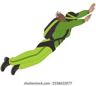 BASE jumping, aerial view of a female BASE jumper free-falling isolated on a white background