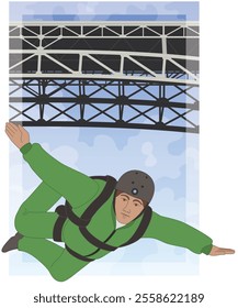 BASE jumping, aerial view of a female BASE jumper leaping from a bridge above with sky in the background