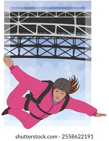 BASE jumping, aerial view of a female BASE jumper leaping from a bridge above with sky in the background