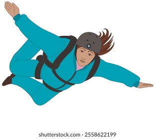 BASE jumping, aerial view of a female BASE jumper soaring, isolated on a white background