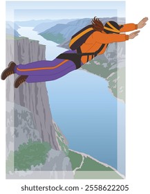 BASE jumping, aerial view of a female BASE jumper free-falling above a canyon landscape