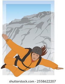 BASE jumping, aerial view of a female BASE jumper leaping from a cliff above with sky in the background