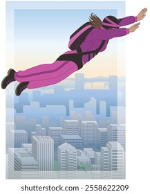 BASE jumping, aerial view of a female BASE jumper free-falling high above tall buildings in a city 