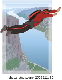 BASE jumping, aerial view of a male BASE jumper free-falling above a canyon landscape