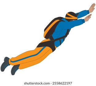 BASE jumping, aerial view of a male BASE jumper free-falling isolated on a white background