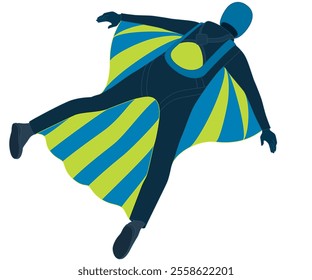 BASE jumping, aerial view of a male BASE jumper free-falling isolated on a white background