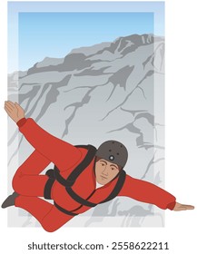 BASE jumping, aerial view of a male BASE jumper leaping from a cliff above with sky in the background