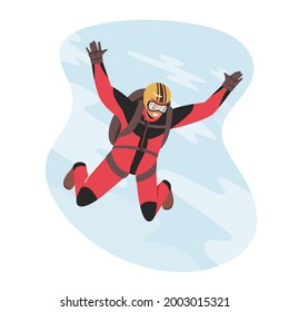 Base Jumping Extreme Activities, Recreation. Skydiver Character Jumping with Parachute Soaring in Sky. Skydiving Parachuting Sport. Parachutist Flying Through Clouds. Cartoon Vector Illustration