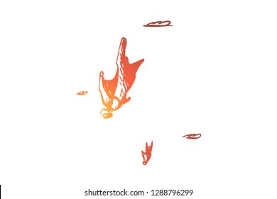 BASE jumping, extreme, wingsuit, fall, skydiving concept. Hand drawn man flying with wingsuit concept sketch. Isolated vector illustration.