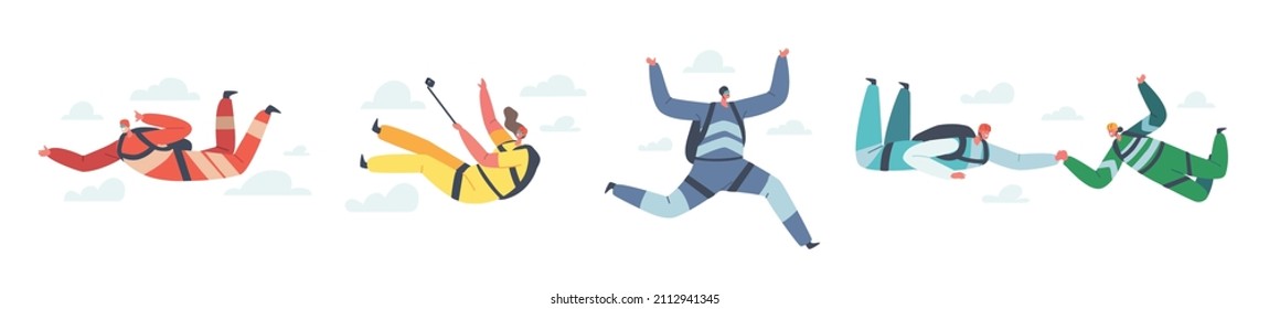 Base Jumping and Parachuting Extreme Sport Activities, Recreation. Skydiver Characters Making Protracted Jump with Parachute, Record Video on Smartphone. Skydiving Flying. Cartoon Vector Illustration