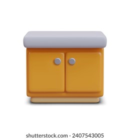 Gabinete de cocina de base con puertas amarillas y encimera vacía. Muebles de casa en 3D. Burla de vectores, vista frontal. Ilustración para el diseño interior, anuncios de artículos de cocina