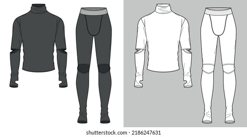 base layer thermal underwear set flat sketch vector illustration mens high neck long sleeve top and bottom technical cad drawing template 