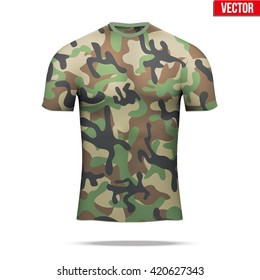 Base layer underwear compression t-shirt of thermal fabric  in woodland camouflage style. Sample typical technical illustration.  Vector Illustration isolated on white background