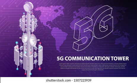 Base Mobile network technology 5G communication antenna tower for wireless hi-speed internet with circuit board is background. LTE aerial network connection, fastest internet technology in future