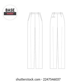 The base model trousers outline , technical model for women in front and back with high waist and pocket. Vector. Technical fashion illustration for use in magazines. Sample for pattern. For pro