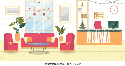 Interior de Año Nuevo en Hotel o Albergue. Recepción vacía con ordenador y pequeño árbol de fur en la mesa. Vestíbulo con Sofá y Sillones cerca de la Mesa del Café.Ventana con Decoraciones Ilustración Vectorial Plana.
