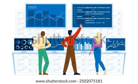 base server data analyzing vector. metrics performance, security storage, visualization insights base server data analyzing character. people flat cartoon illustration