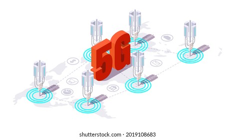 Base Station Antenna, Communication Tower For 5g High Speed Internet, Flat Vector Isometric Illustration. 5g Network Coverage Concept.