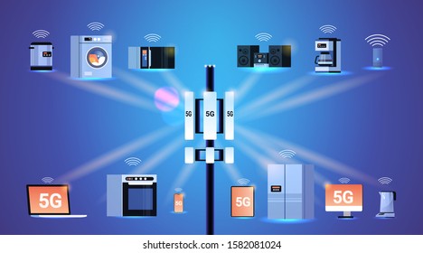 base station receiver 5G online communication tower network technology systems digital appliances connection information transmitter concept global high speed internet flat horizontal vector