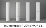 Base white cylinder and square columns set isolated on grey background. Realistic 3d pillar for modern room interior or bridge construction. Vector render pole base for banner or billboard