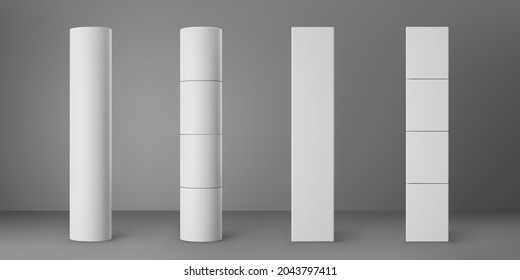 Base white cylinder and square columns set isolated on grey background. Realistic 3d pillar for modern room interior or bridge construction. Vector render pole base for banner or billboard