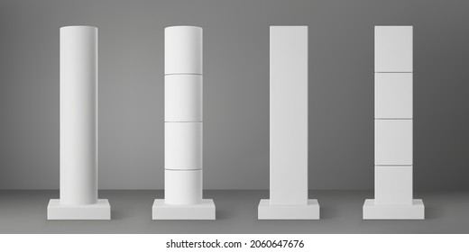 Base white cylinder and square columns set with rectangular plinth isolated on grey background. Realistic 3d pillar for modern room interior or bridge construction. Render pole base for billboard