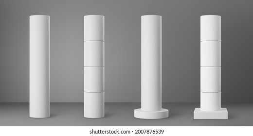 Base white cylindrical columns set isolated on grey background. Realistic 3d pillar for modern room interior or bridge construction. Vector render pole base for banner or billboard